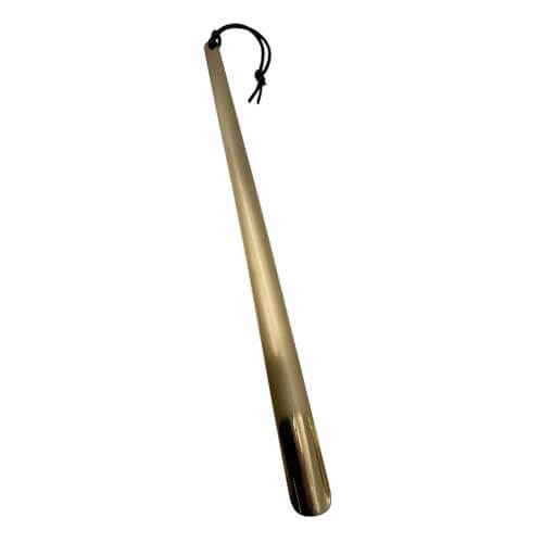 Schuhlöffel lang mit Lederband in Messing
